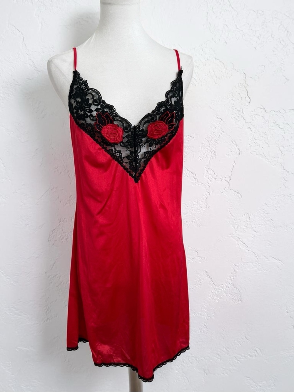 Vintage Red Satin Slip Dress Black Lace Rose Applique Lingerie M